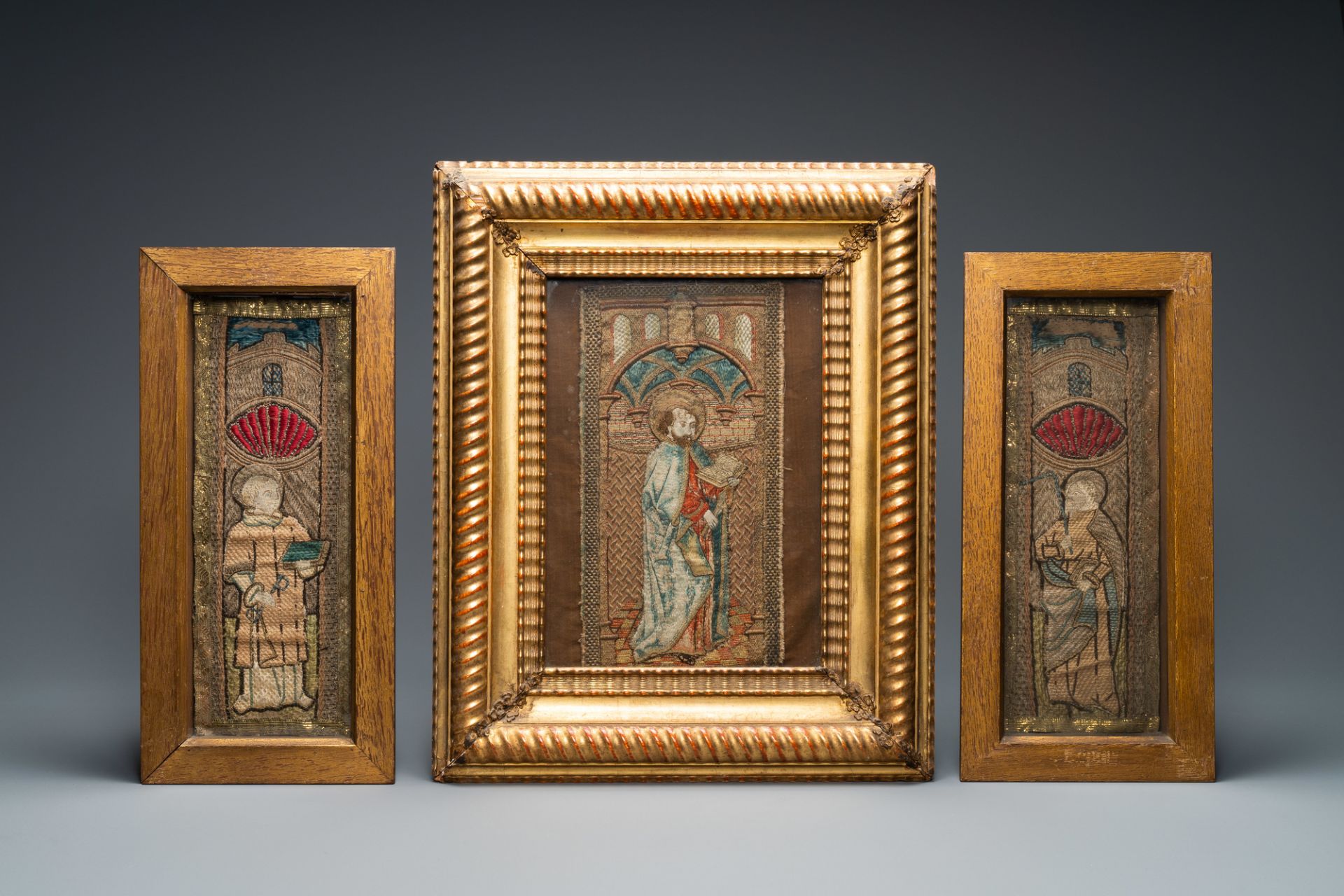 Three linen, silk- and silverthread orphrey fragments depicting Saint Agricola of Bologna, Saint Leo