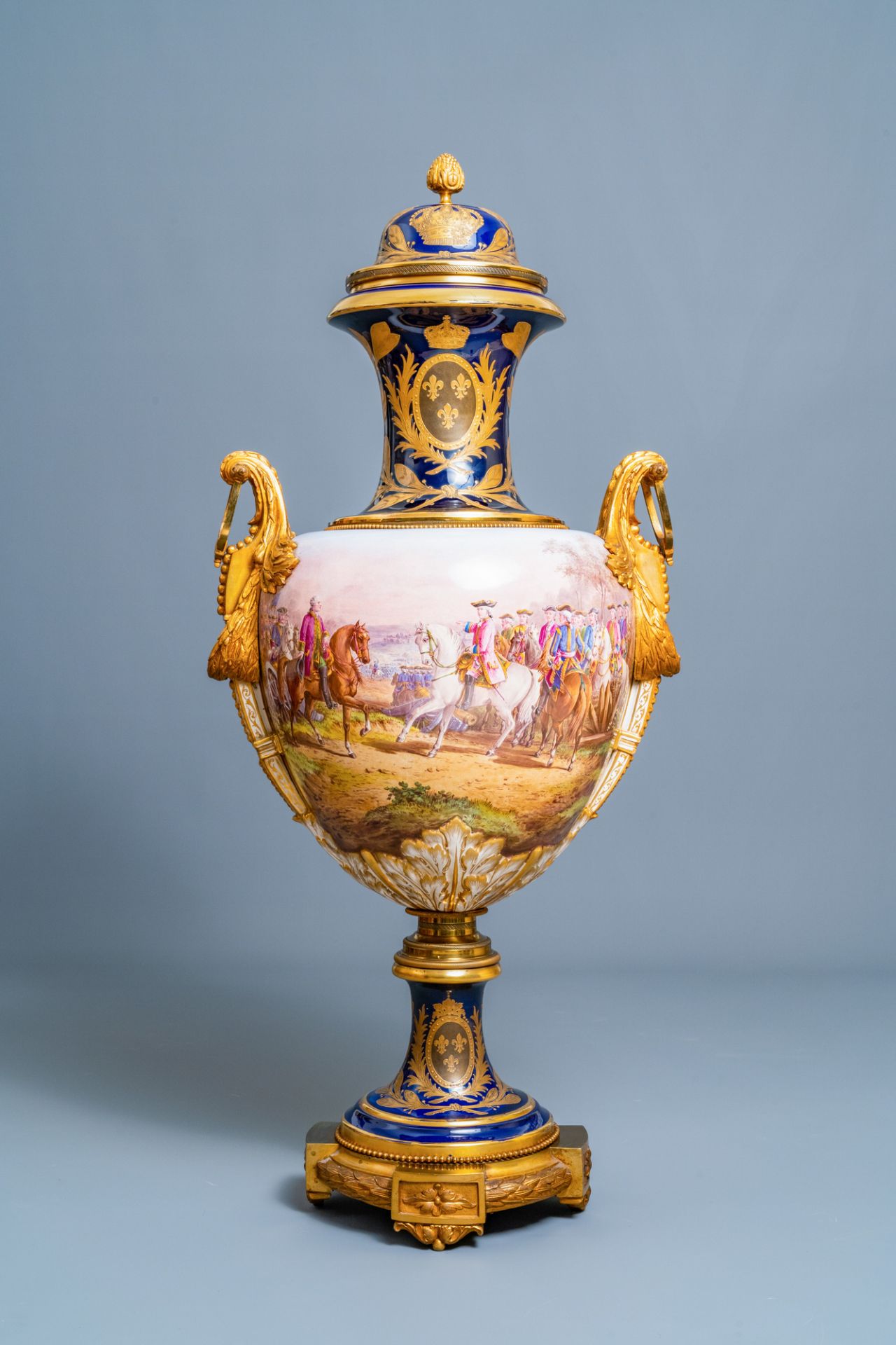 A pair of massive French Svres-style vases with gilded bronze mounts, signed Desprez, 19th C. - Image 7 of 56