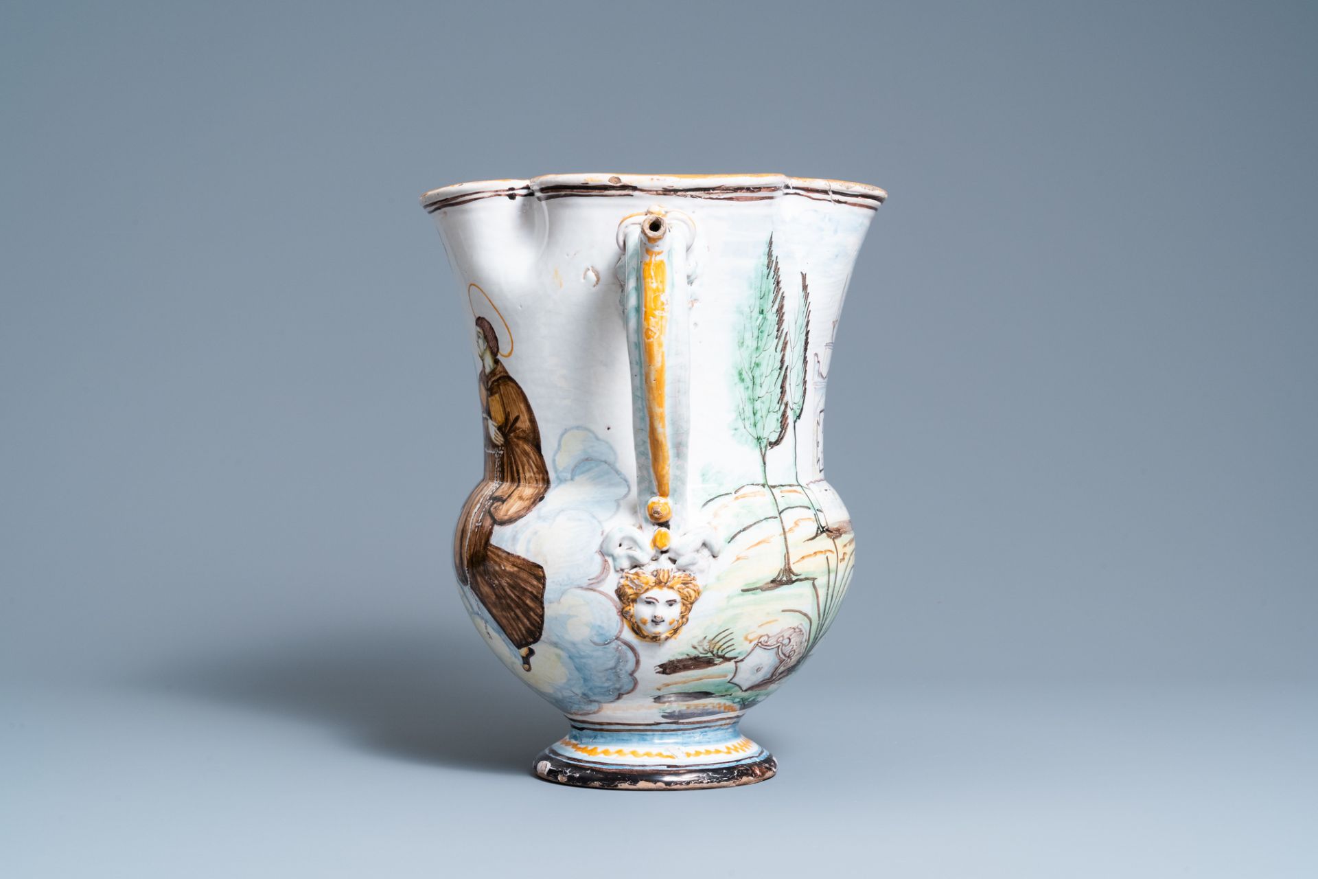 A large polychrome Italian faience quadrilobed pharmacy jug, dated 1840 - Image 5 of 7