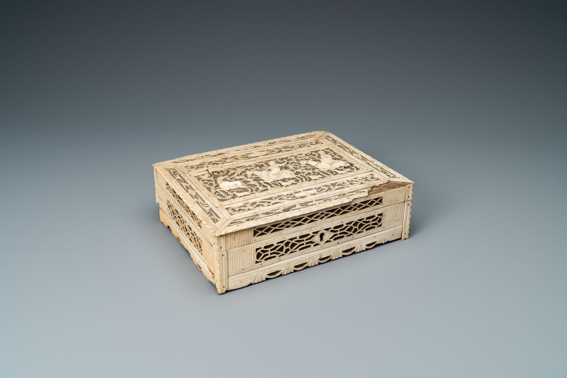 A reticulated bone and wood hunting scene box, Arkhangelsk, Kholmogory, Russia, 18th C.