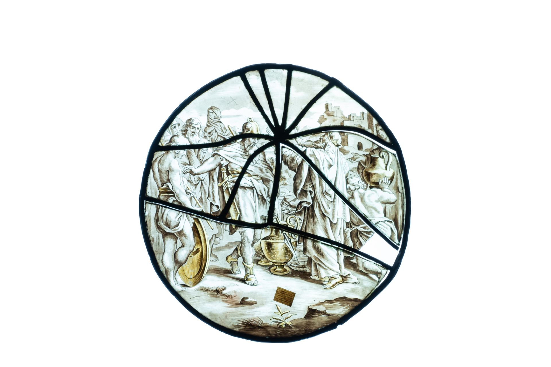 A pair of grisaille and silver yellow painted glass roundels with biblical scenes, France, 17th C. - Image 2 of 5