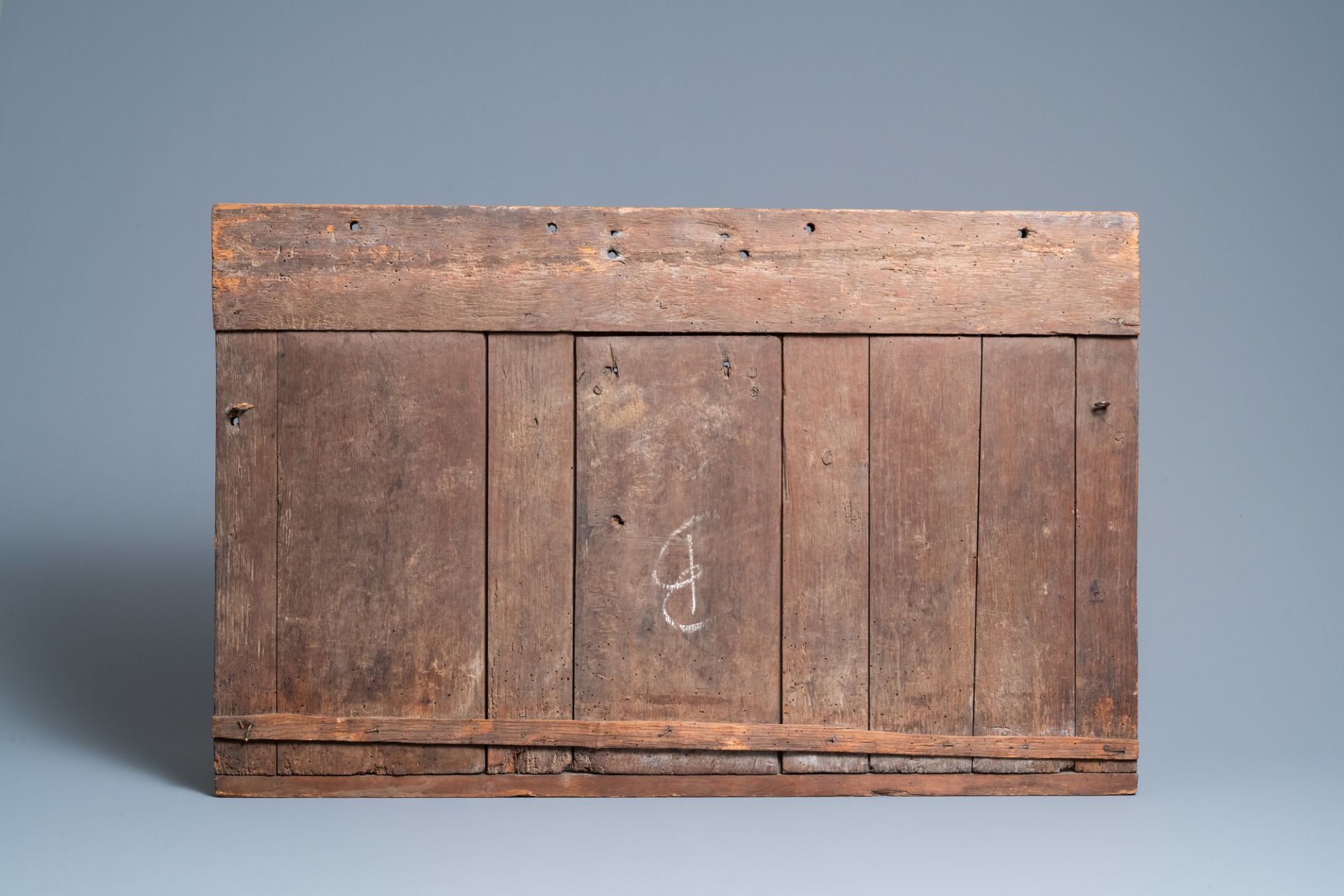 A carved oak front panel of a coffer with tracery panels, 15th C. - Bild 2 aus 9