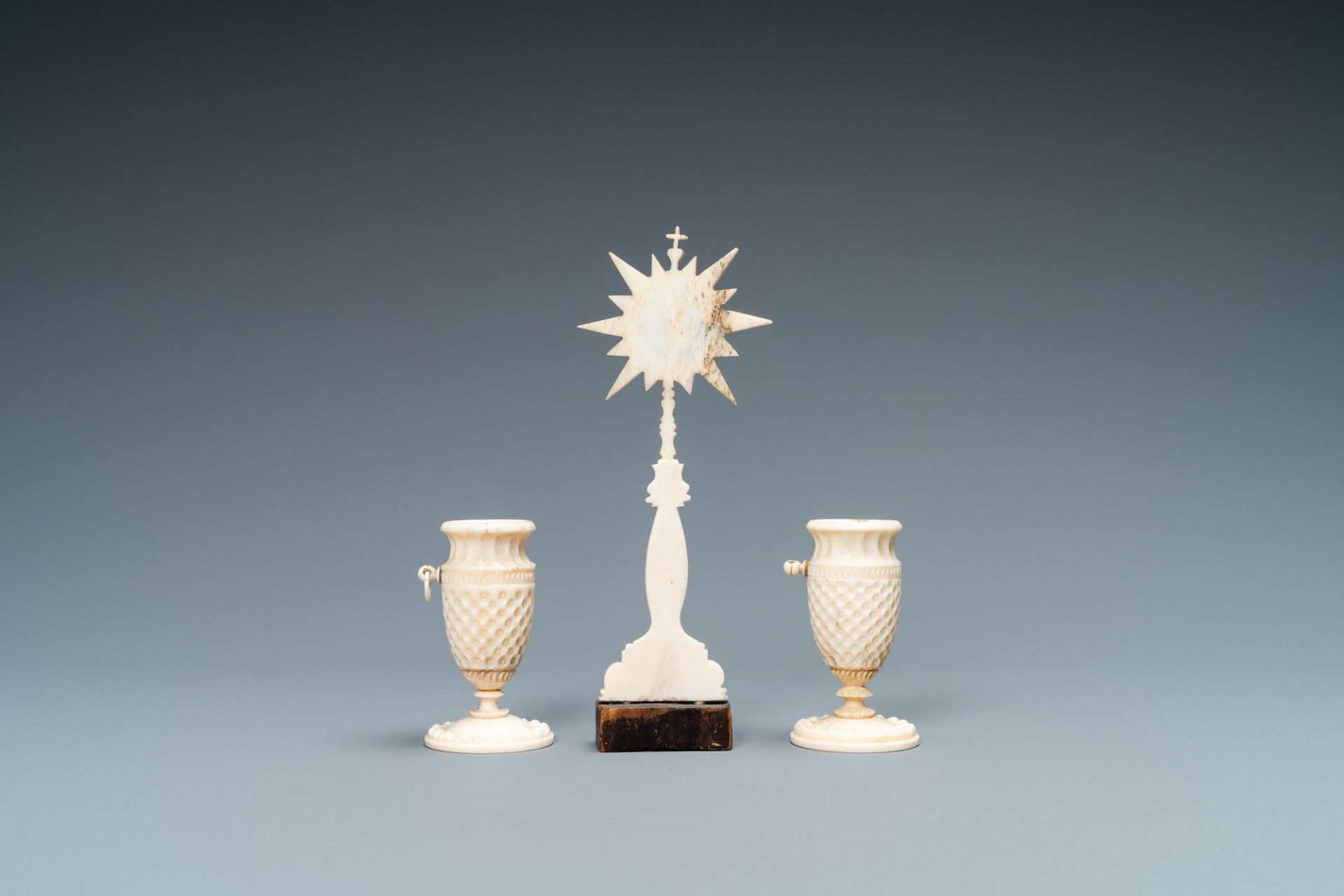 A small ivory crucifix monstrance and a pair of small bone candlesticks, Dieppe, France, 19th C. - Image 3 of 6