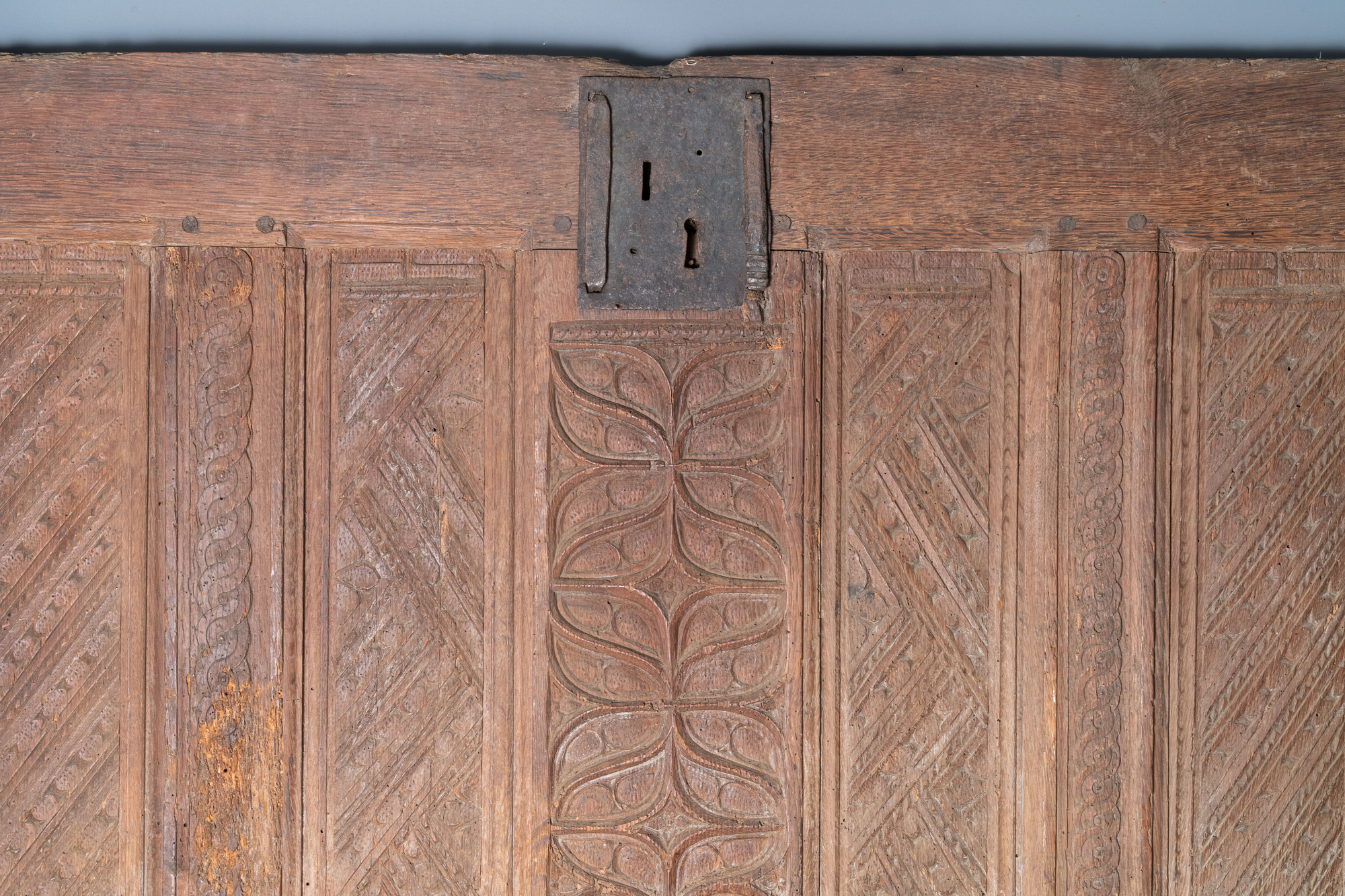A carved oak front panel of a coffer with tracery panels and geometrical motives, Brittany, France, - Image 3 of 4
