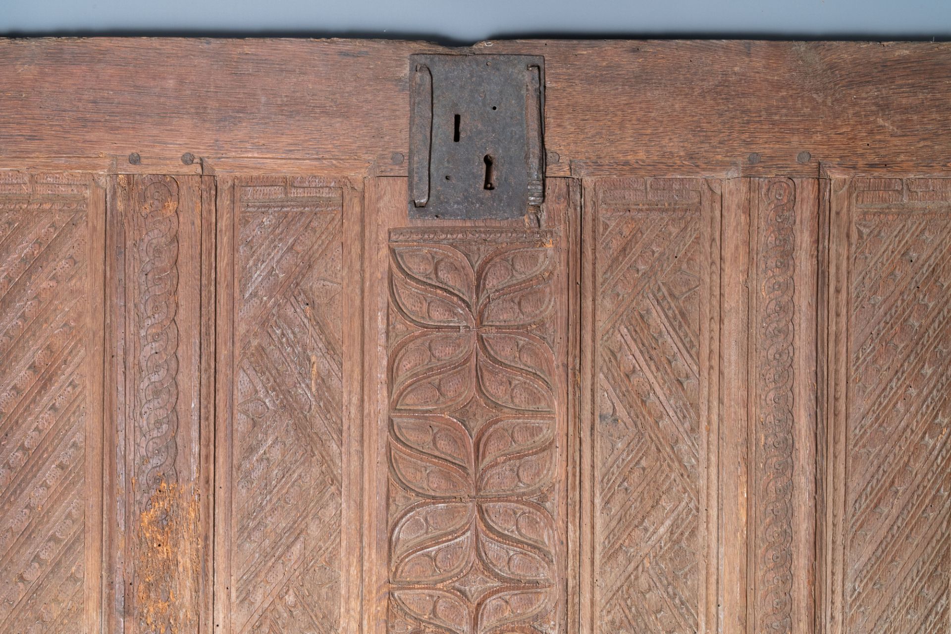 A carved oak front panel of a coffer with tracery panels and geometrical motives, Brittany, France, - Image 3 of 4