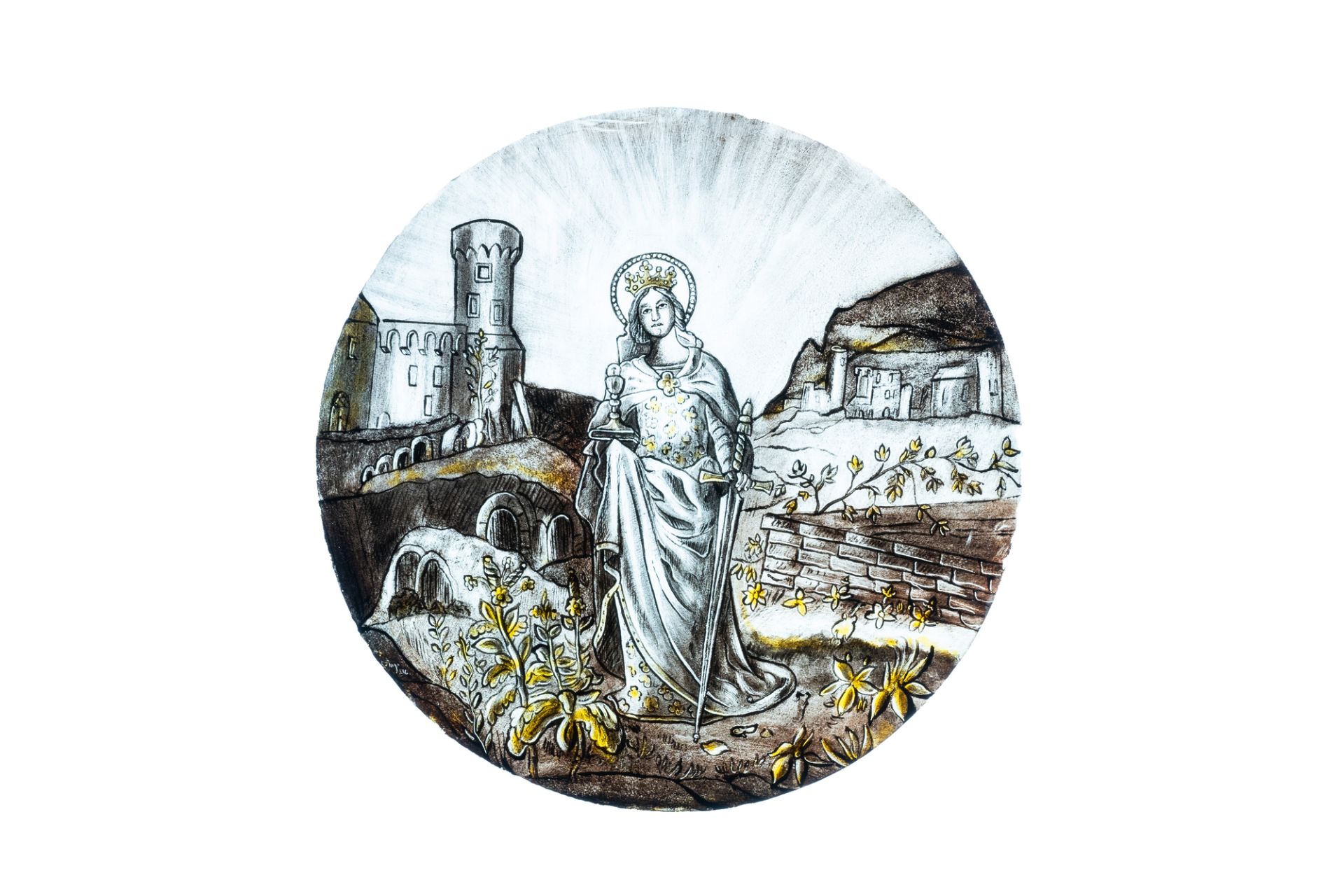 Signed Le Pluy, Lille: two grisaille and silver yellow painted glass roundels with Saint Catharine a - Image 3 of 4