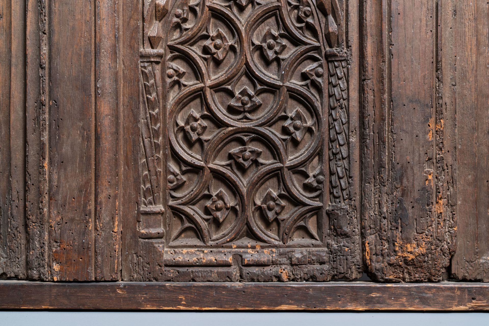 A carved oak front panel of a coffer with tracery panels, 15th C. - Image 6 of 9