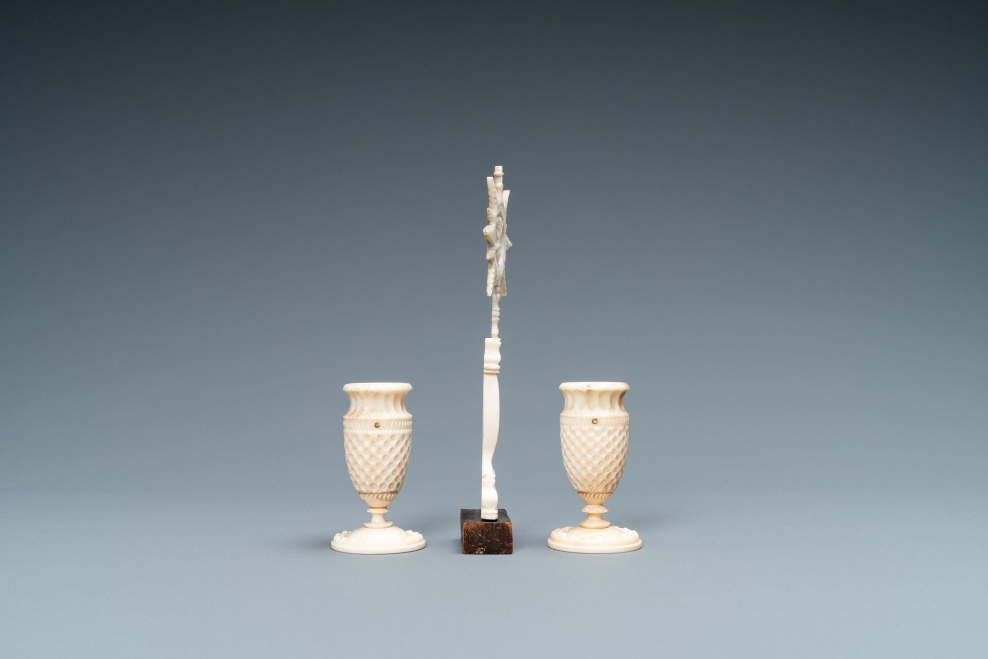 A small ivory crucifix monstrance and a pair of small bone candlesticks, Dieppe, France, 19th C. - Image 4 of 6