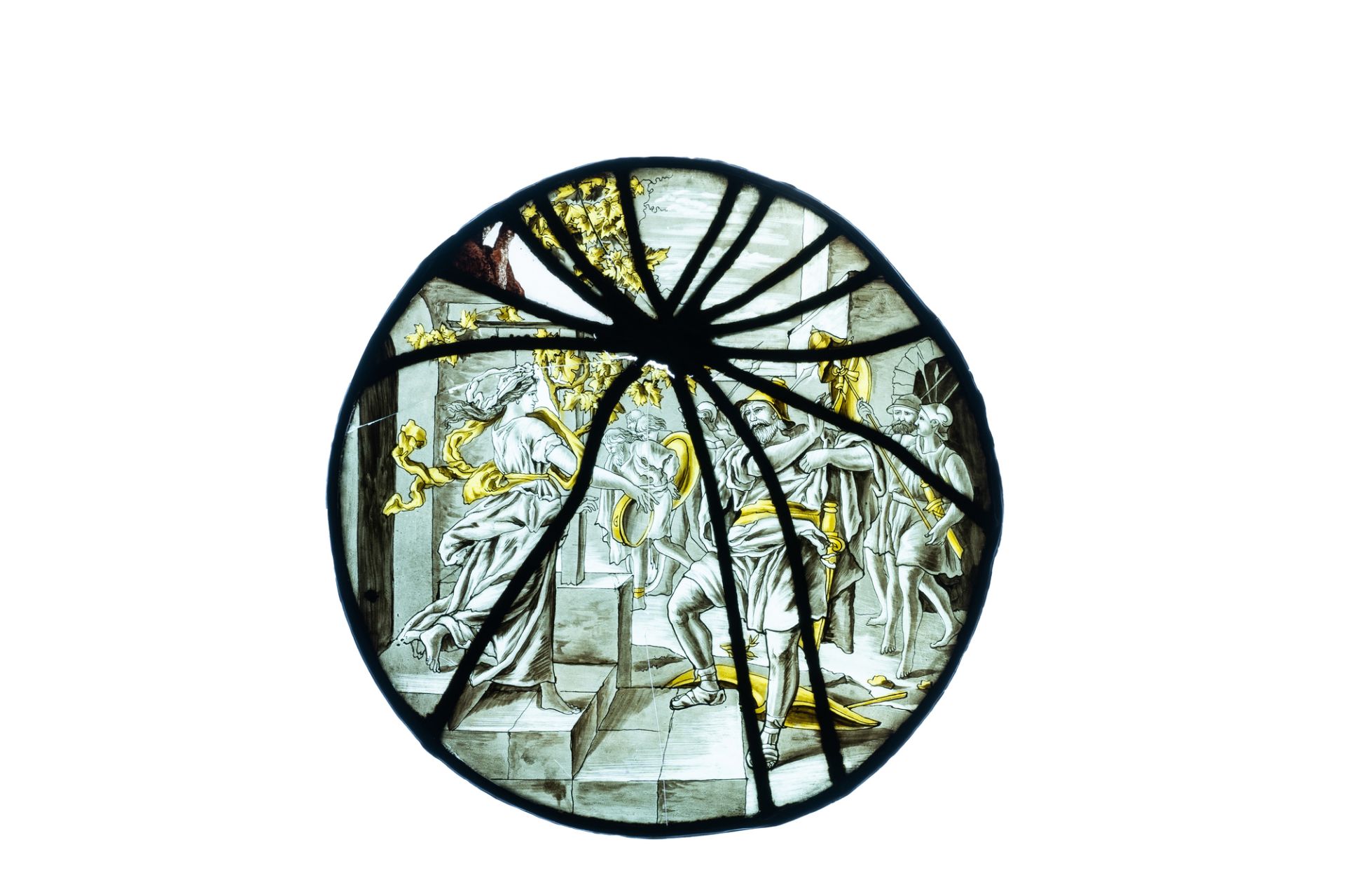 A pair of grisaille and silver yellow painted glass roundels with biblical scenes, France, 17th C. - Image 5 of 5