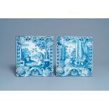 Two blue and white German stove tiles with biblical scenes, Nuremberg, 18th C.