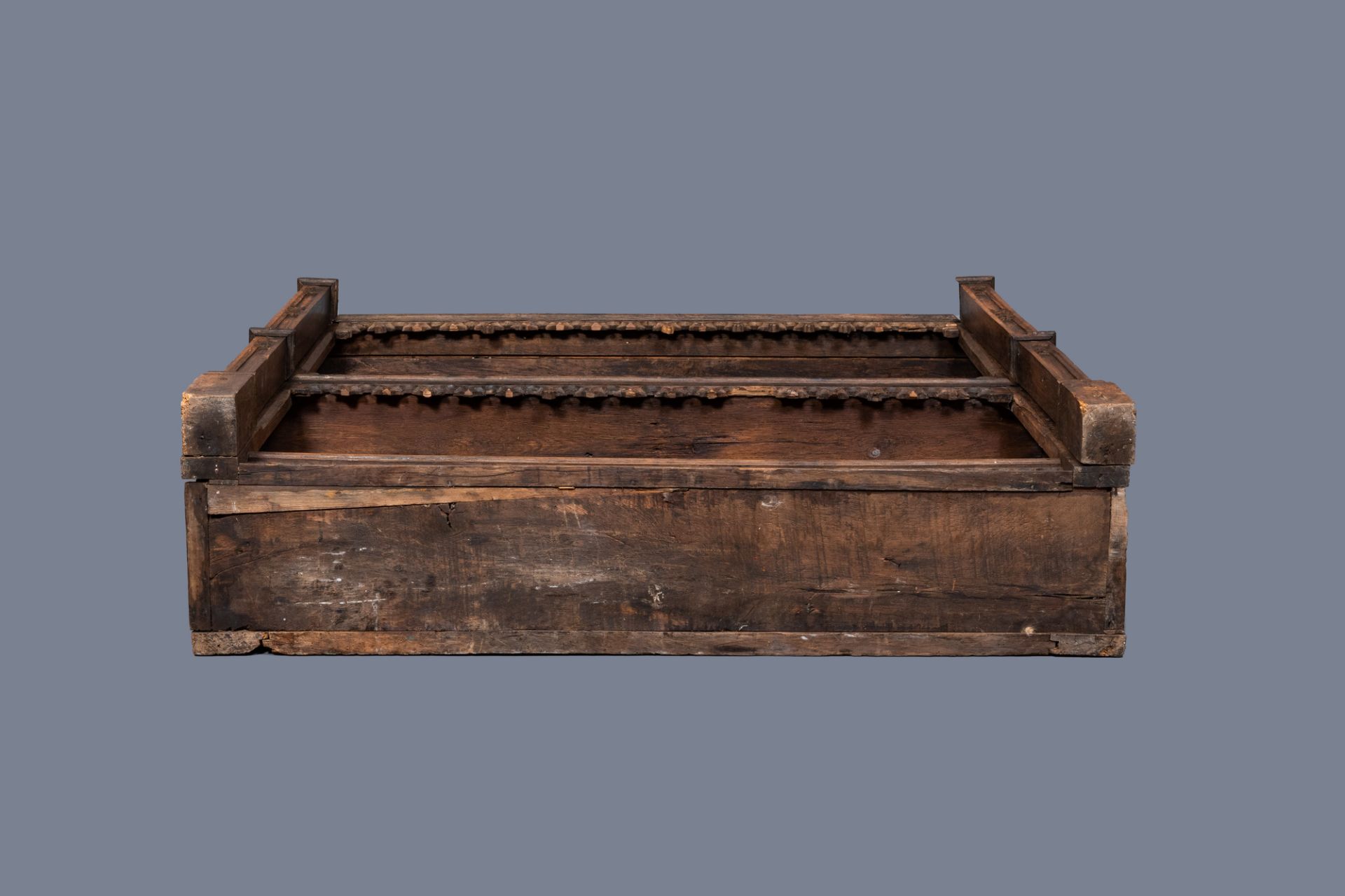 A carved oak shelf with pinnacles and stylised flowers and carved panels, 15th C. and later - Image 8 of 12