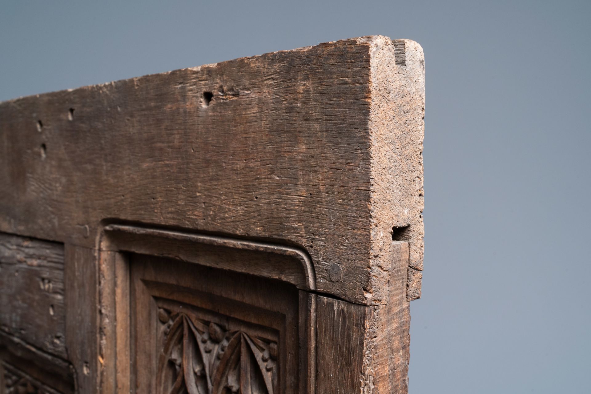 A carved oak front panel of a coffer with tracery panels, 15th C. - Image 8 of 9