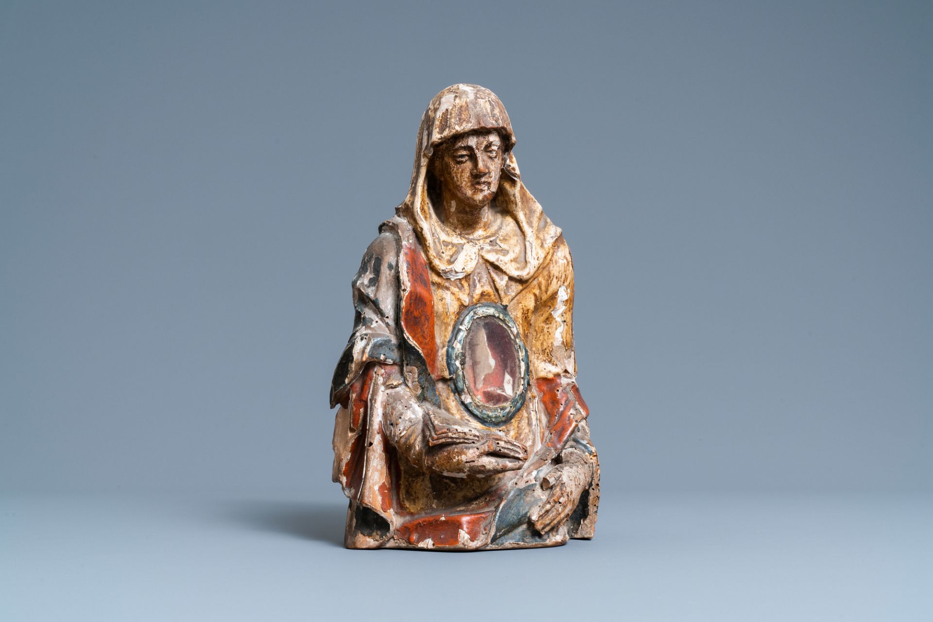 A polychromed and gilded limewood reliquary bust of a female saint, Germany, 2nd half 16th C.