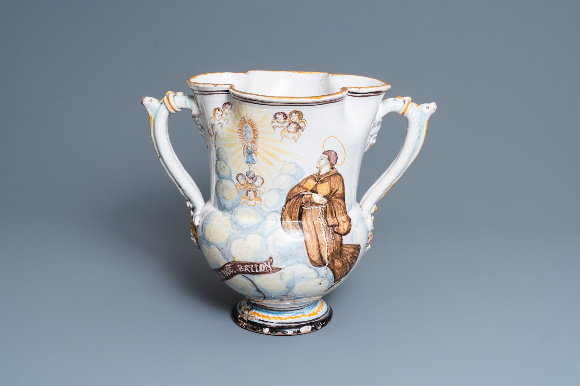 A large polychrome Italian faience quadrilobed pharmacy jug, dated 1840