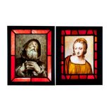 Two composite stained and painted glass windows with a monk and a female bust after Rapha‘l, 19th C.