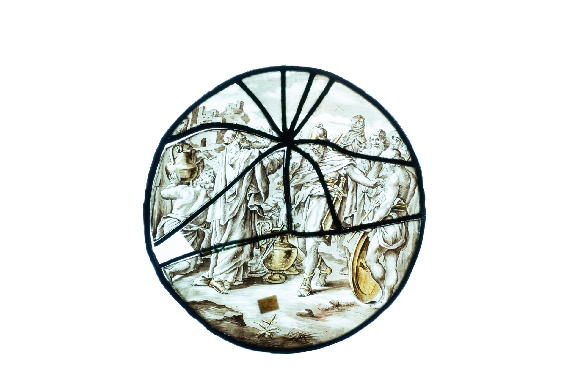 A pair of grisaille and silver yellow painted glass roundels with biblical scenes, France, 17th C. - Image 3 of 5