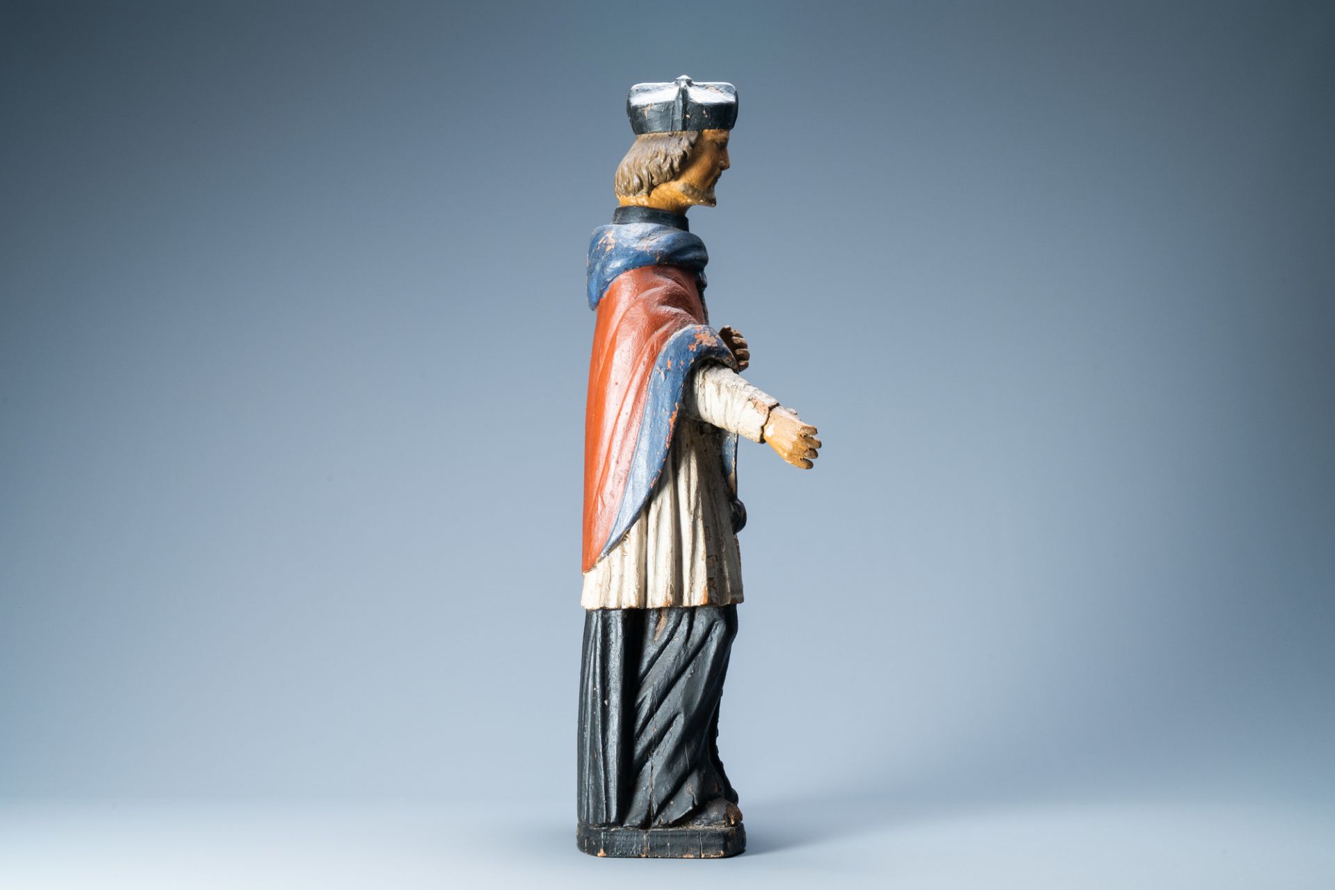 A polychromed wooden figure of Saint John of Nepomuk, probably Germany, 17/18th C. - Image 3 of 7