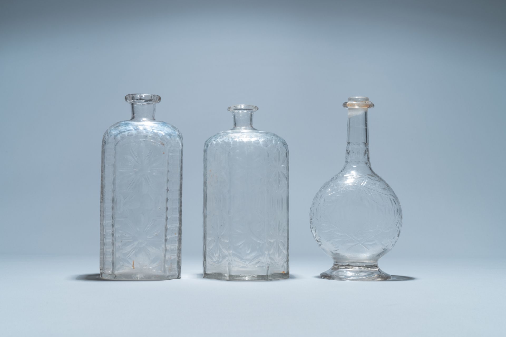 Three weel-cut glass bottles, probably Liege, 18/19th C. - Image 2 of 7