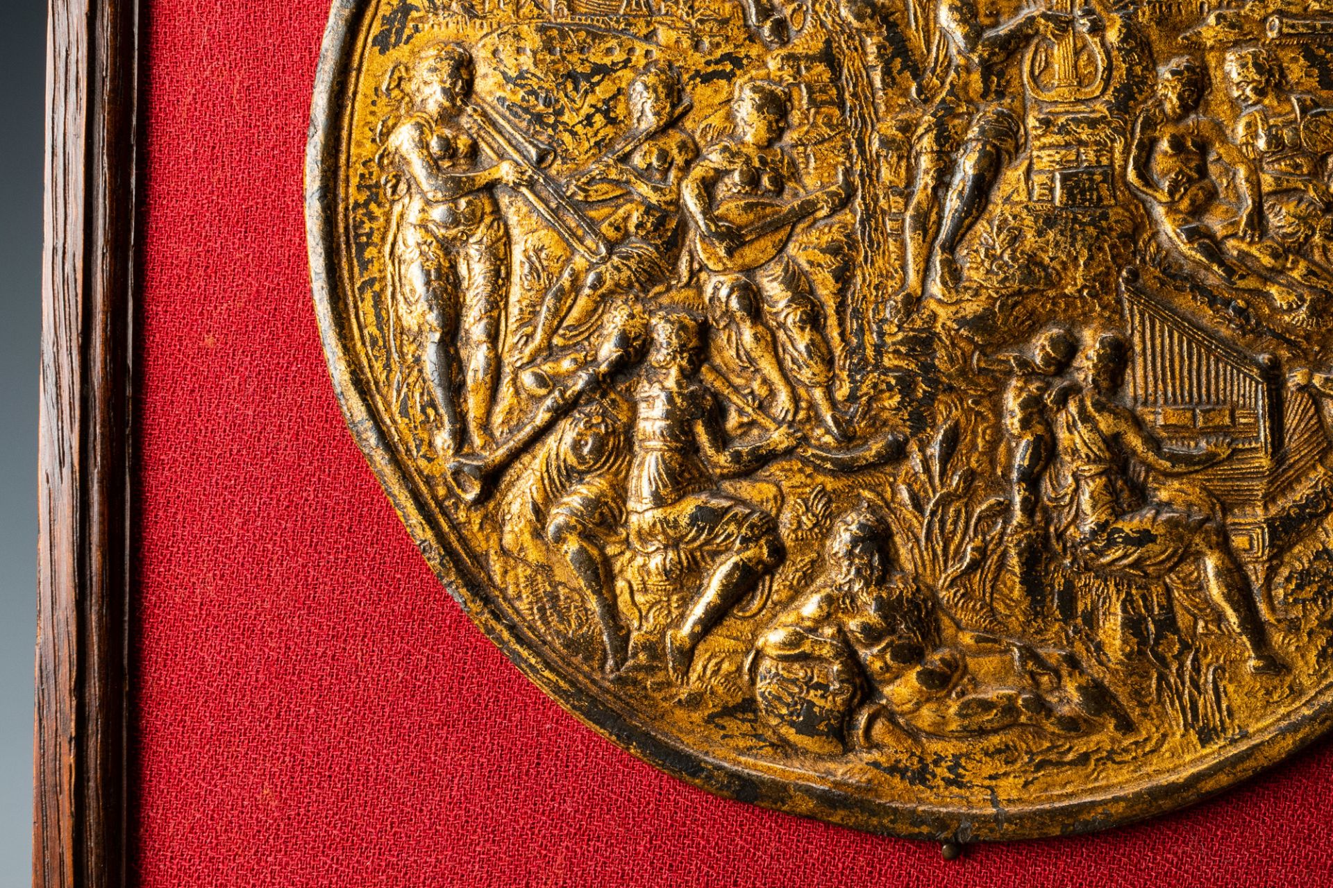 A gilded bronze 'Apollo on mount Parnassus' plaque and a bronze mortar, Flanders, 16th C. - Image 6 of 15