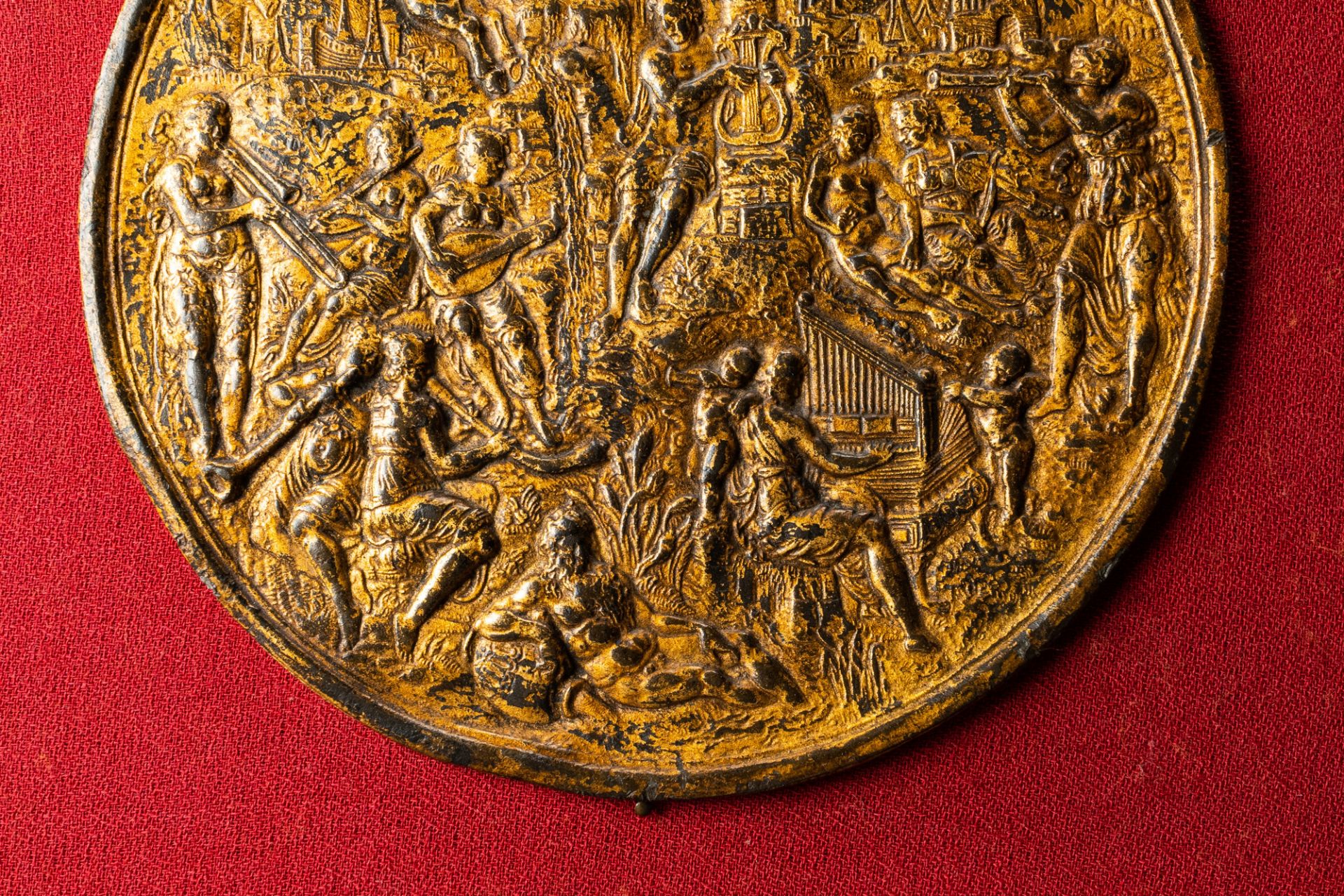 A gilded bronze 'Apollo on mount Parnassus' plaque and a bronze mortar, Flanders, 16th C. - Image 7 of 15