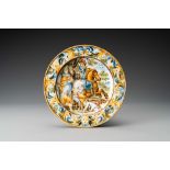 A polychrome 'hunting scene' plate after Antonio Tempesta, Grue workshop, Castelli, Italy, 18th C.