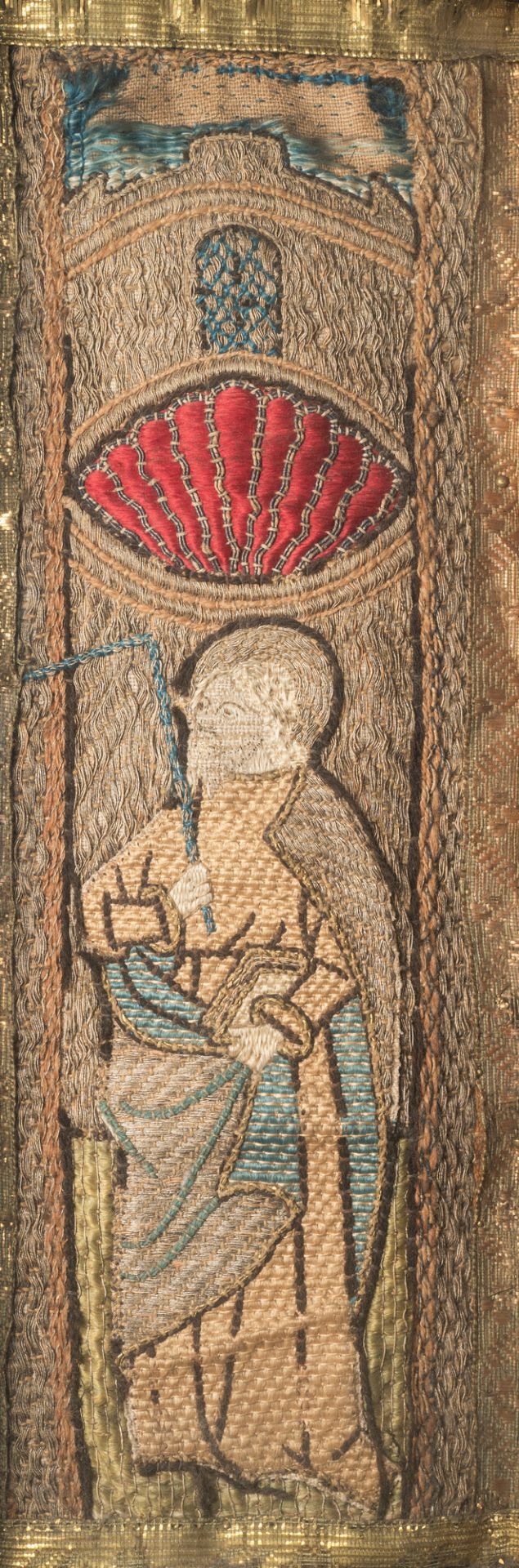 Three linen, silk- and silverthread orphrey fragments depicting Saint Agricola of Bologna, Saint Leo - Image 4 of 7