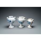 Three Dutch Delft blue and white wet drug jars, 18th C.