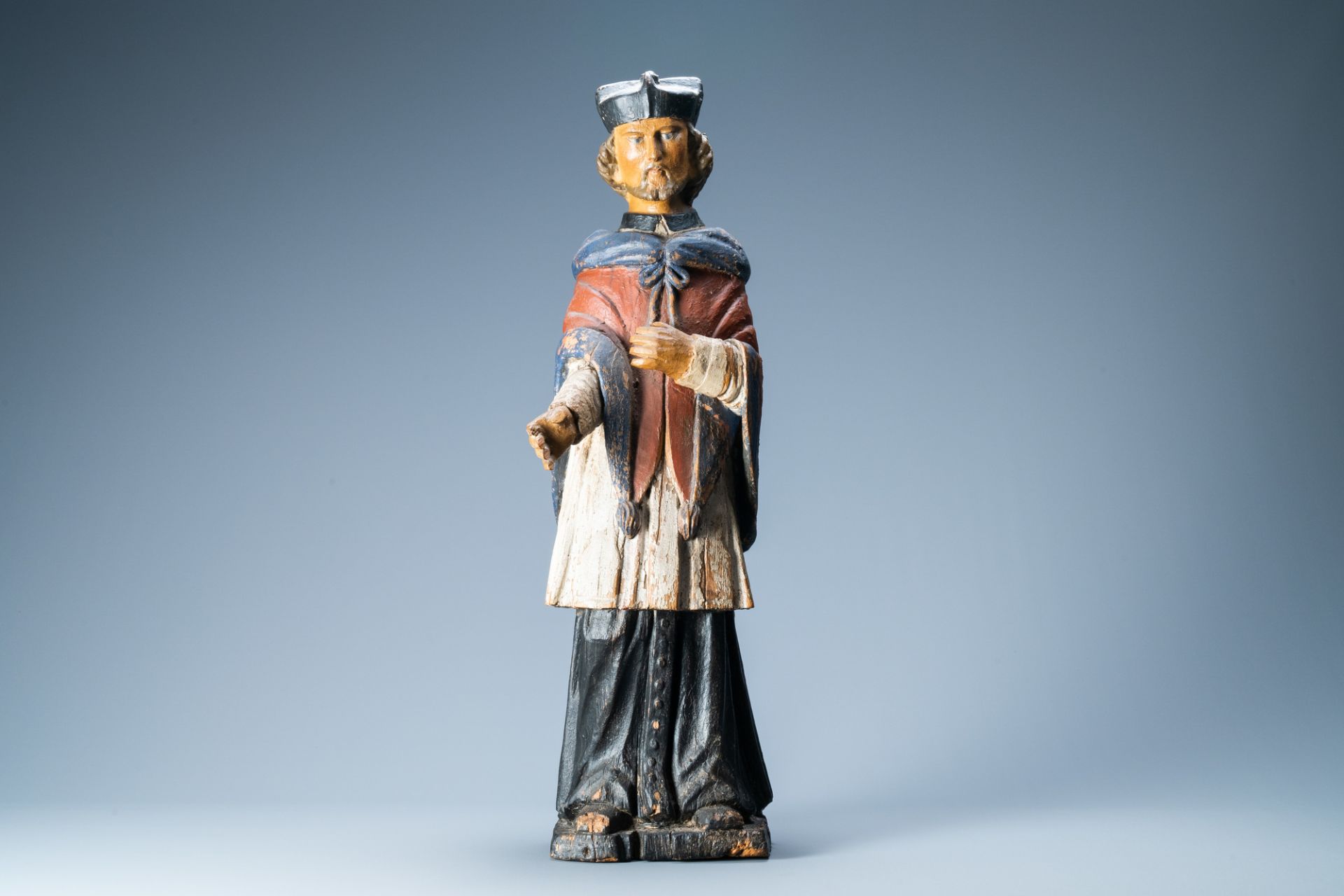 A polychromed wooden figure of Saint John of Nepomuk, probably Germany, 17/18th C. - Image 2 of 7