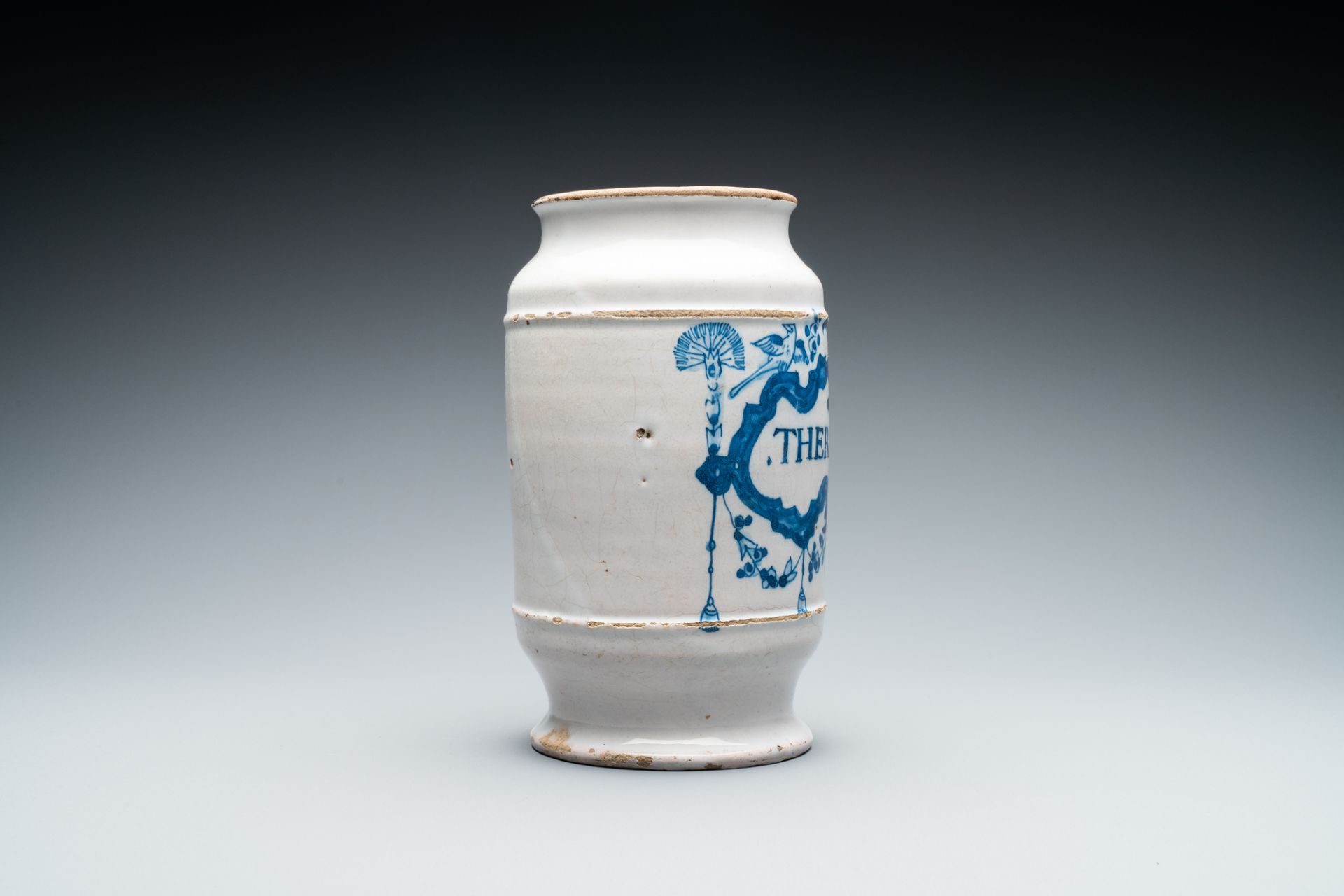 A blue and white Brussels faience albarello type drug jar, 18th C. - Image 2 of 6