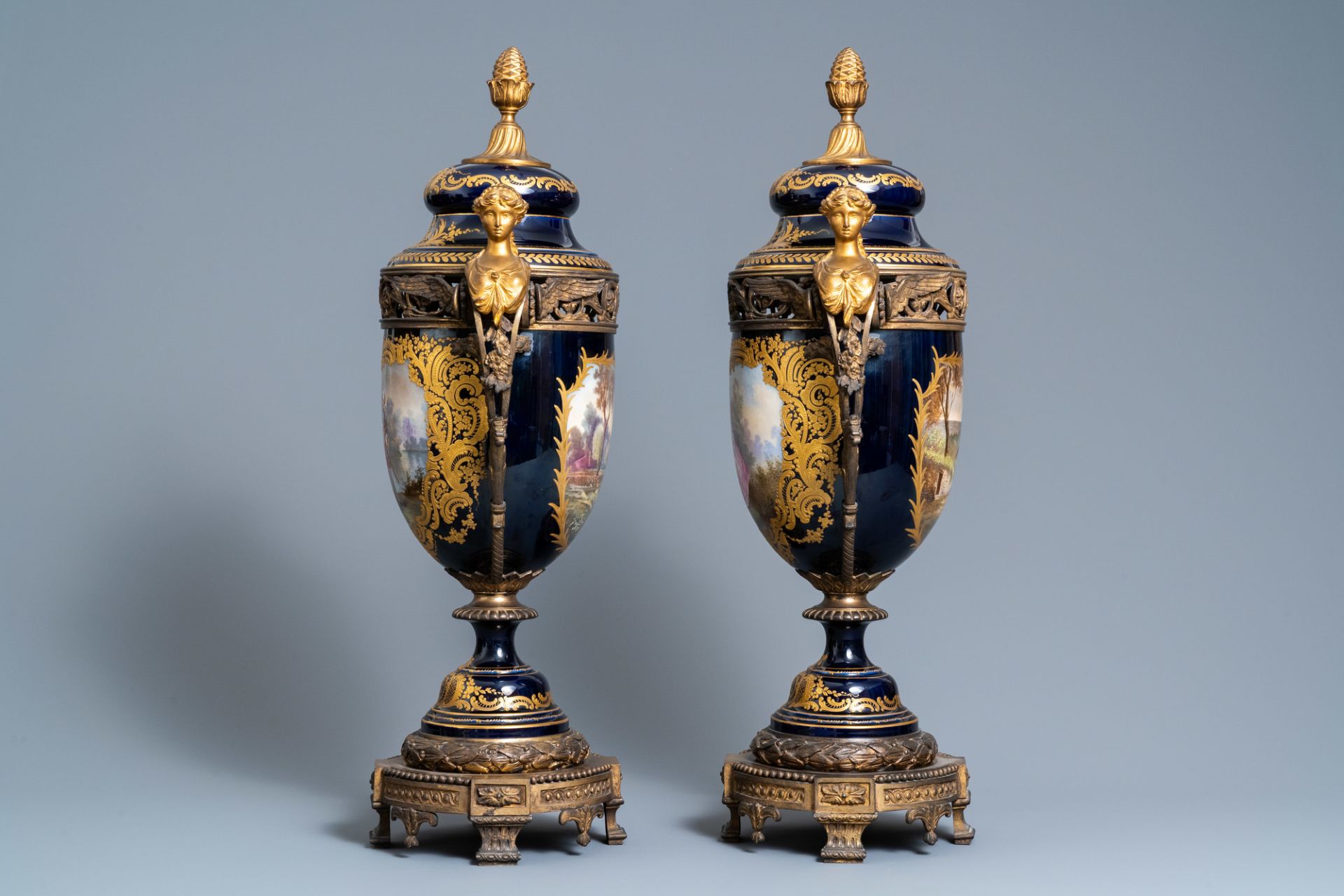 A pair of large French Svres-style vases with gilded bronze mounts, signed Le Berre, 19th C. - Image 4 of 8