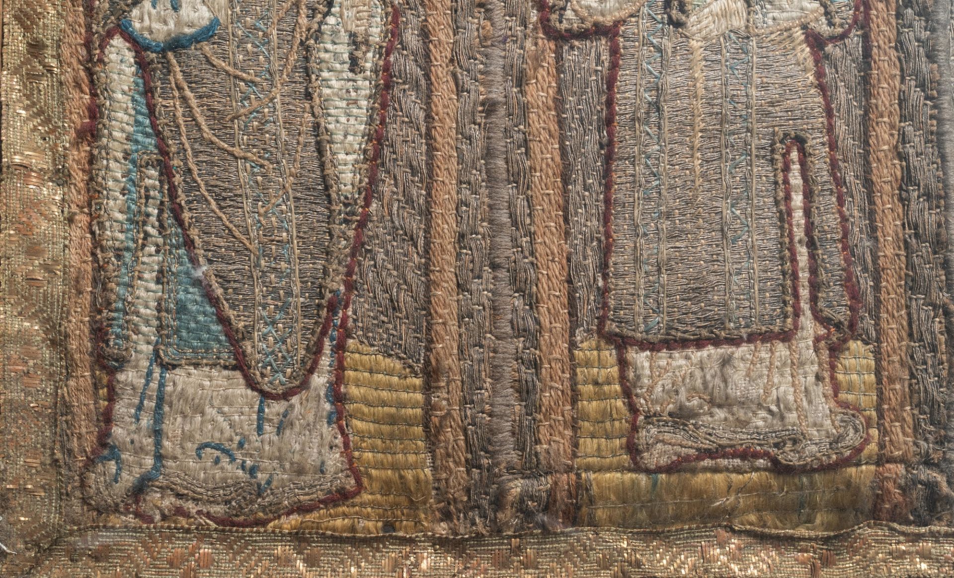 Two large linen, silk- and silverthread orphrey fragments depicting saints below arcatures, Spain, e - Image 6 of 9