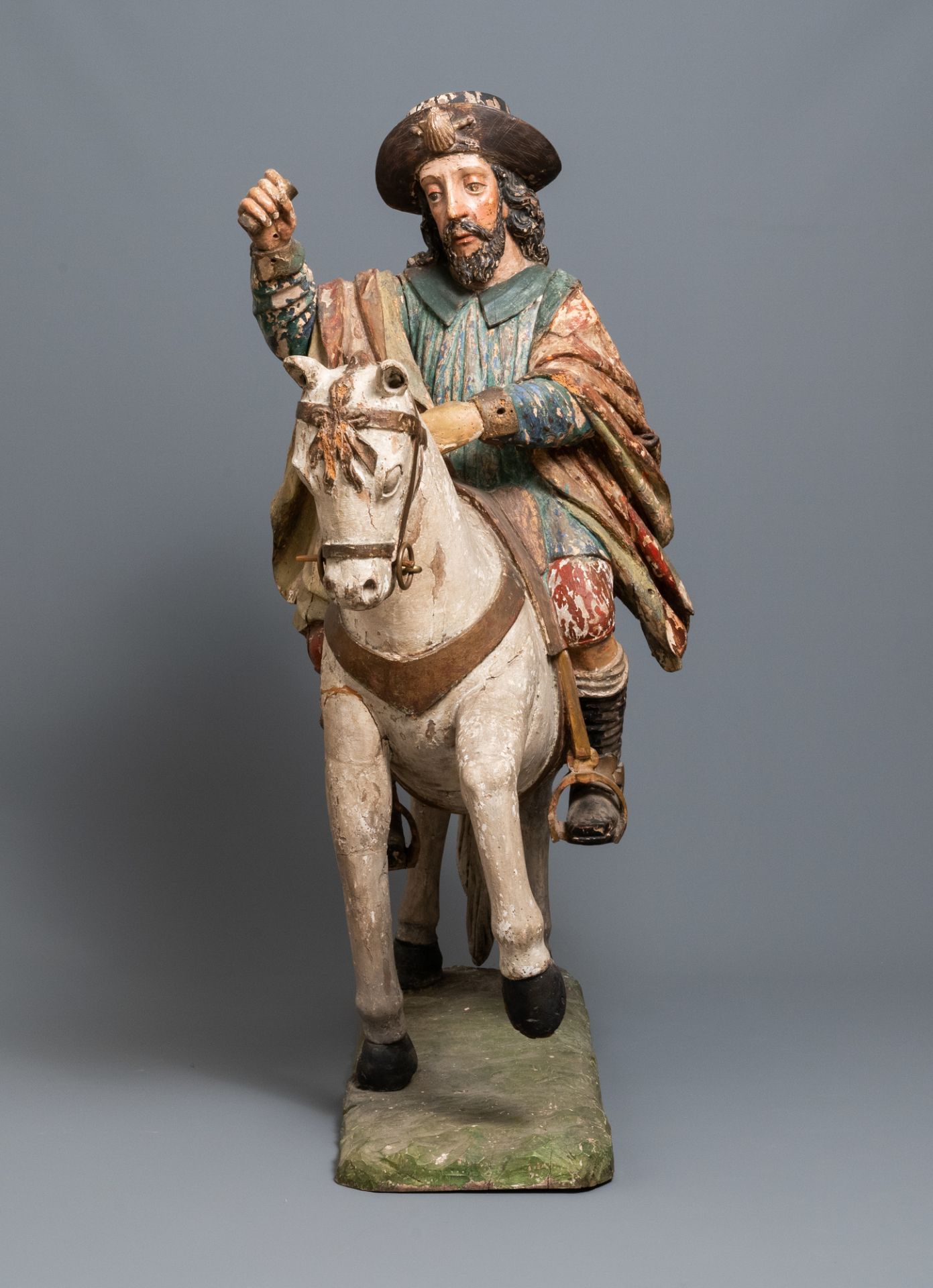 A large polychromed wooden group with Saint James of Compostela on horseback, Spain, 16th C. - Image 4 of 9