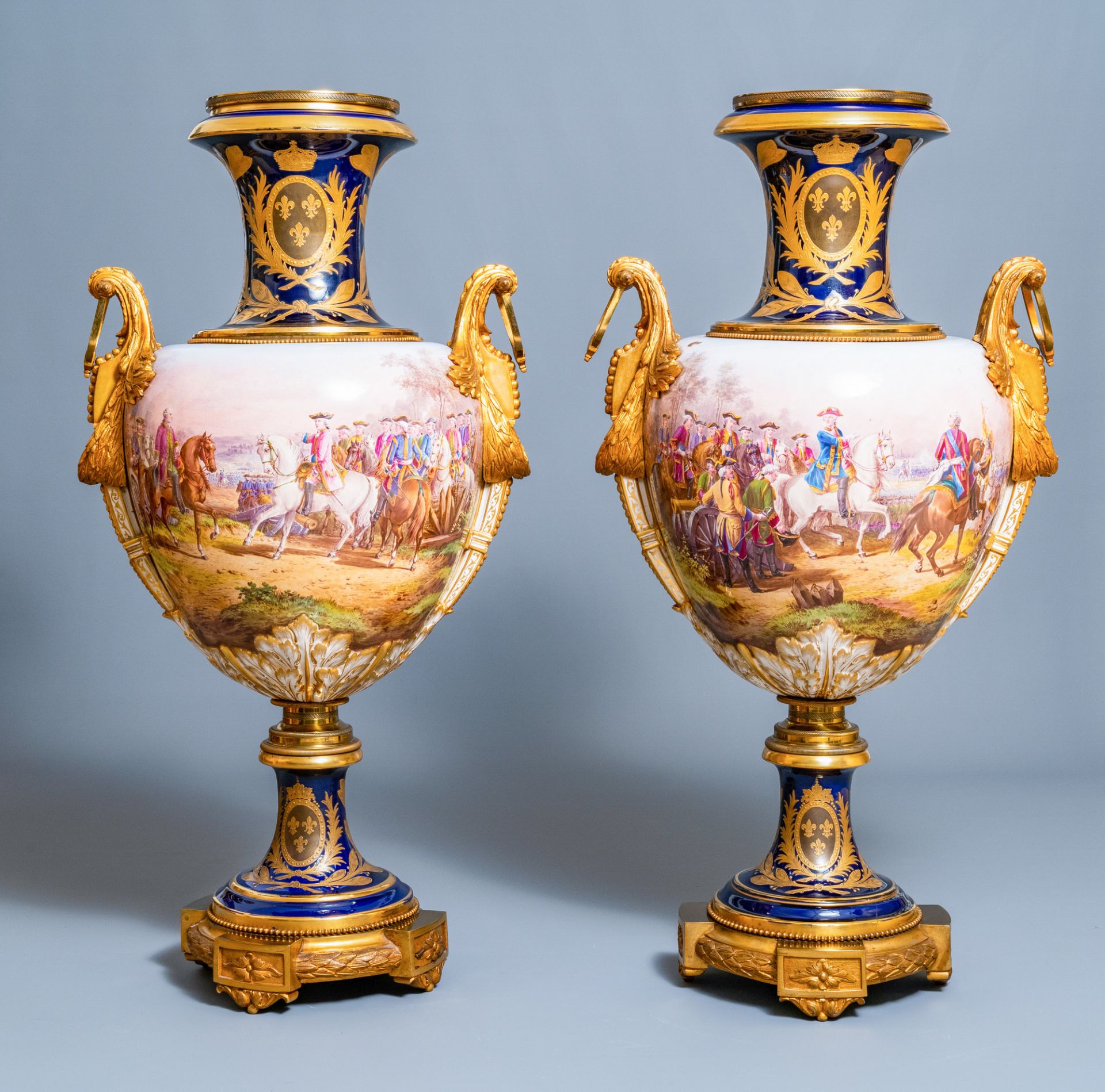 A pair of massive French Svres-style vases with gilded bronze mounts, signed Desprez, 19th C. - Image 2 of 56