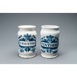 Two Dutch Delft blue and white albarello type drug jars, 18th C.