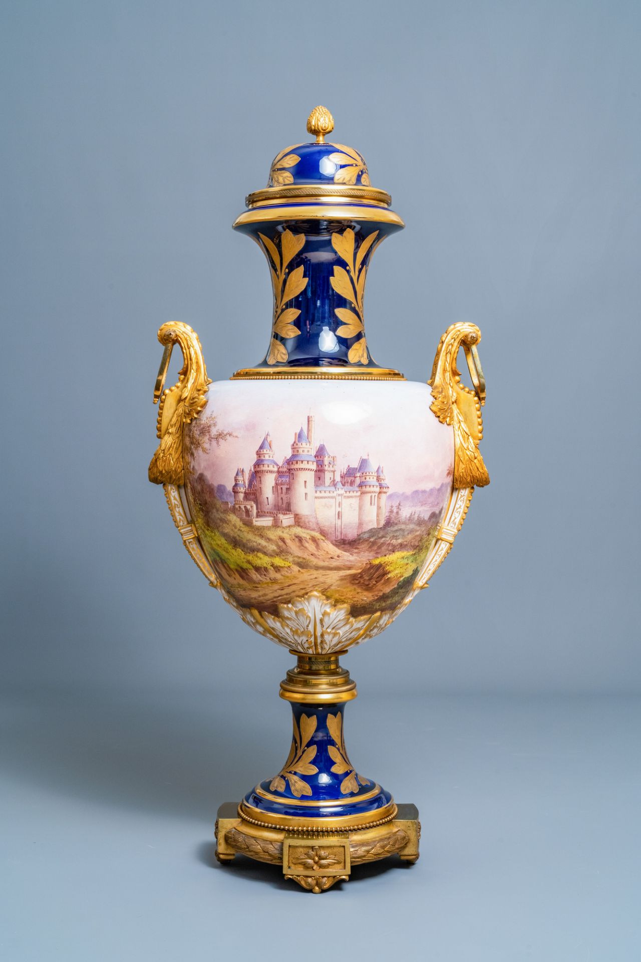 A pair of massive French Svres-style vases with gilded bronze mounts, signed Desprez, 19th C. - Image 9 of 56