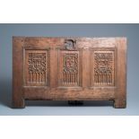 A carved oak front panel of a coffer with the arms of France and the Dauphin, France, 2nd half 15th