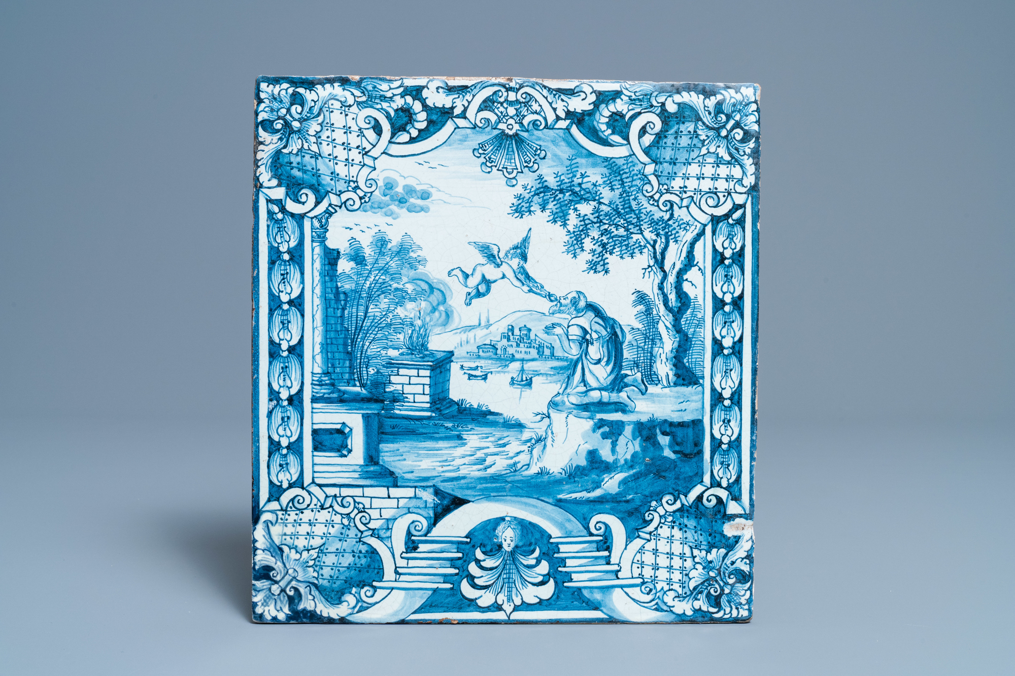 Two blue and white German stove tiles with biblical scenes, Nuremberg, 18th C. - Image 4 of 5