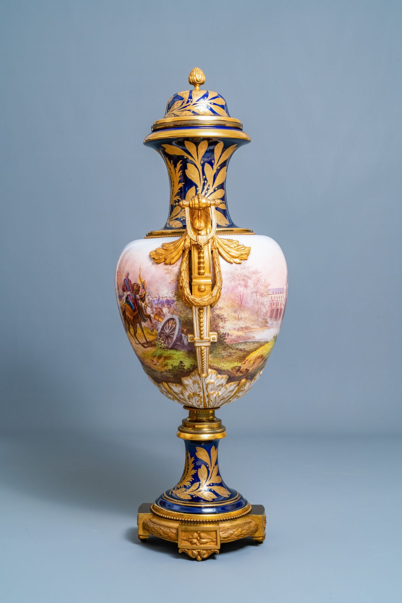 A pair of massive French Svres-style vases with gilded bronze mounts, signed Desprez, 19th C. - Image 6 of 56