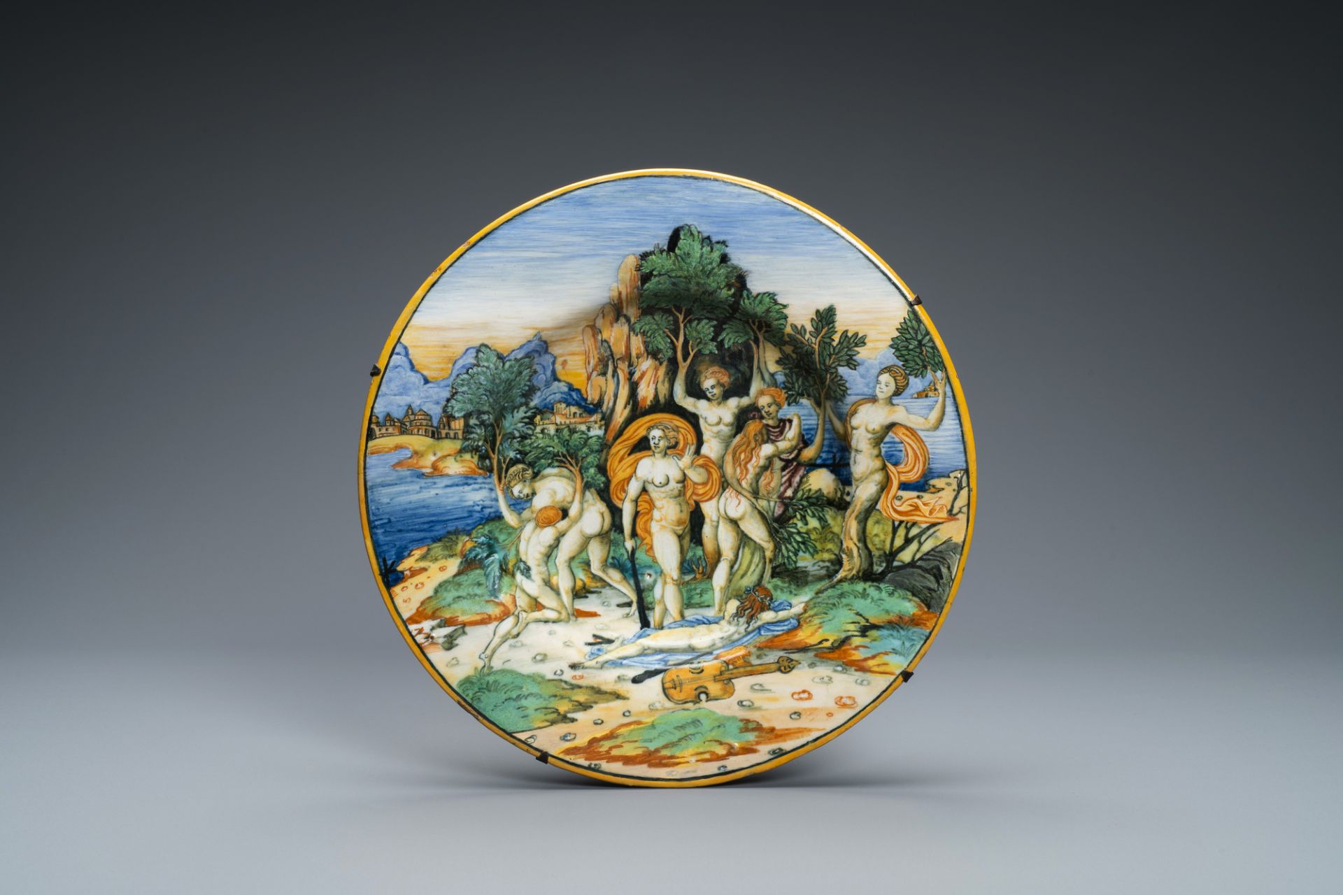 An Italian maiolica mythological subject 'The transformation of the Maenads' dish from the Lanciarin