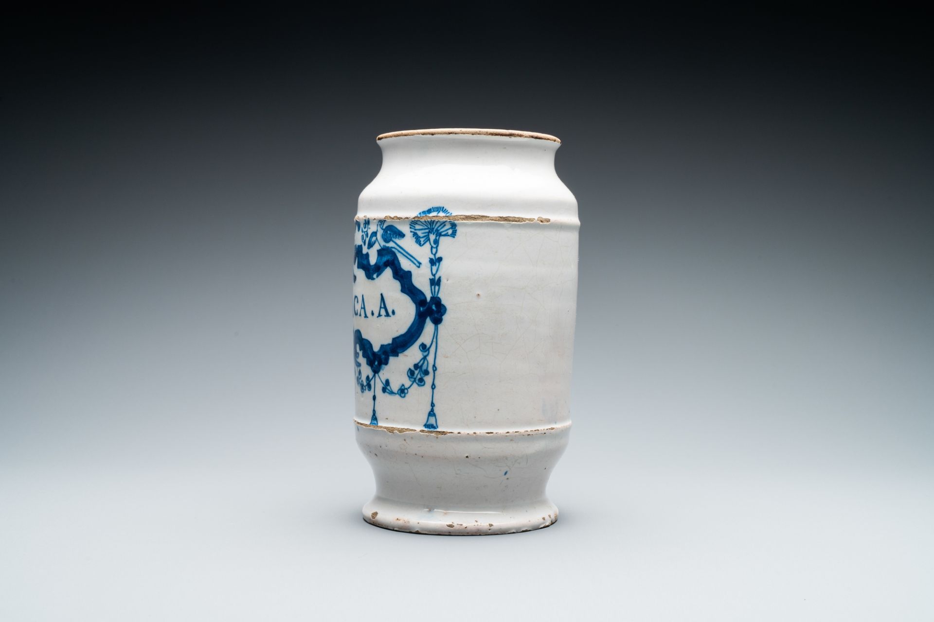 A blue and white Brussels faience albarello type drug jar, 18th C. - Image 4 of 6
