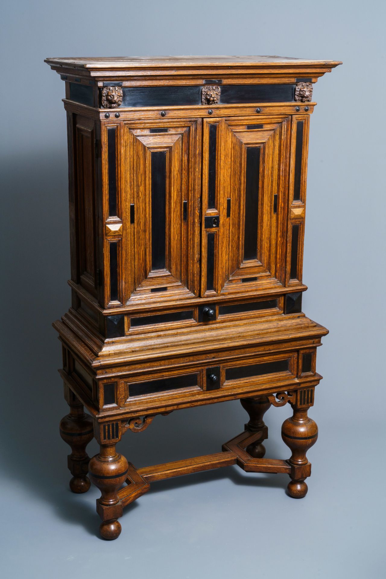 An oak and ebony two-door cabinet, The Low Countries, 17th C. - Image 8 of 8