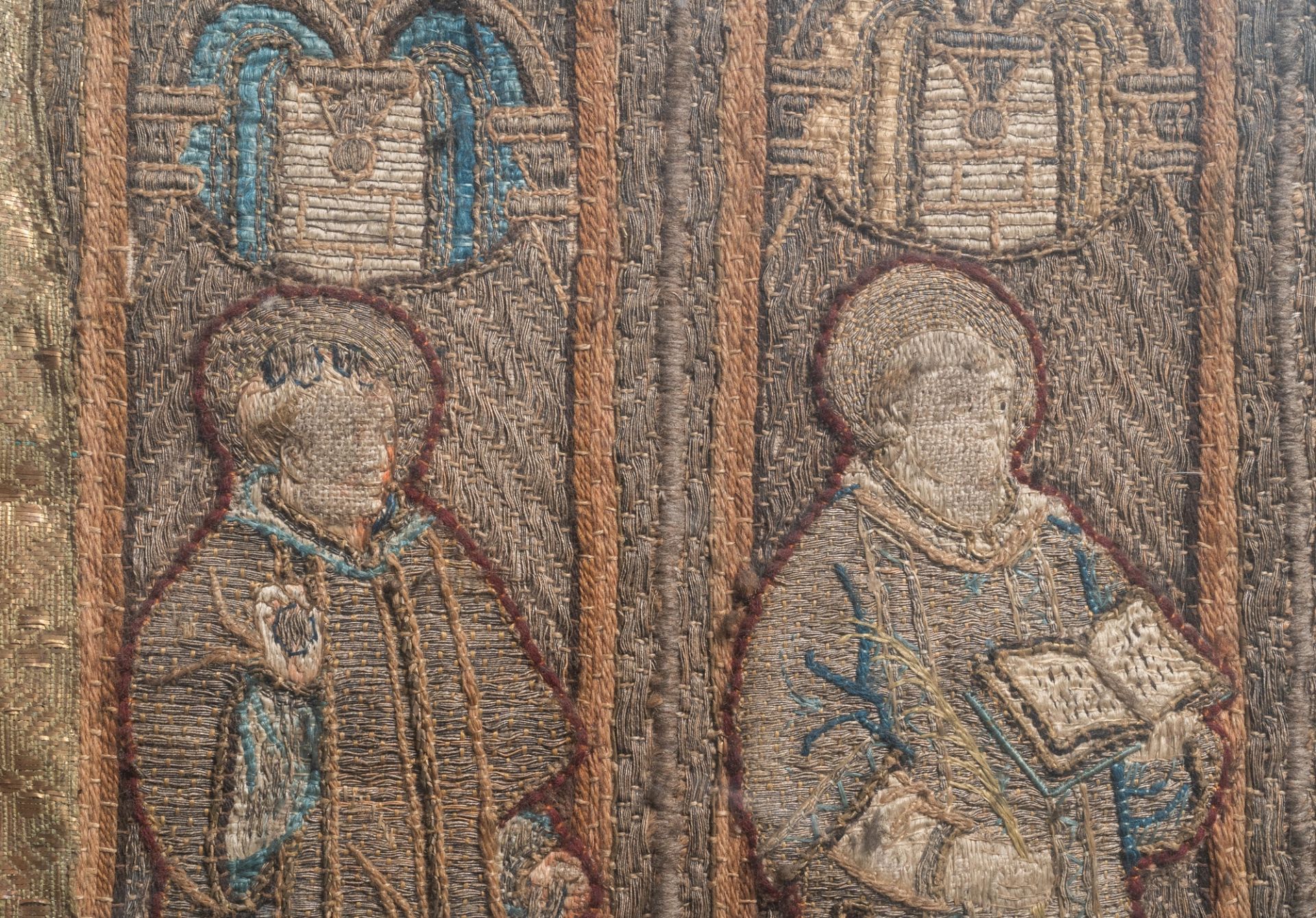 Two large linen, silk- and silverthread orphrey fragments depicting saints below arcatures, Spain, e - Image 8 of 9