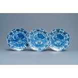 Three Dutch Delft blue and white Wanli-style chinoiserie dishes, 1st quarter 18th C.