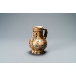 A German stoneware bellarmine jug with a text band and portrait medallions, Frechen, 16th C.