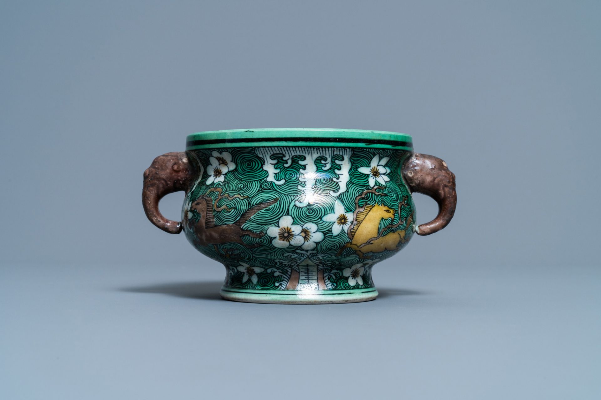 A Chinese verte biscuit 'flaming horses' censer, Jiajing mark, 18/19th C. - Image 4 of 7