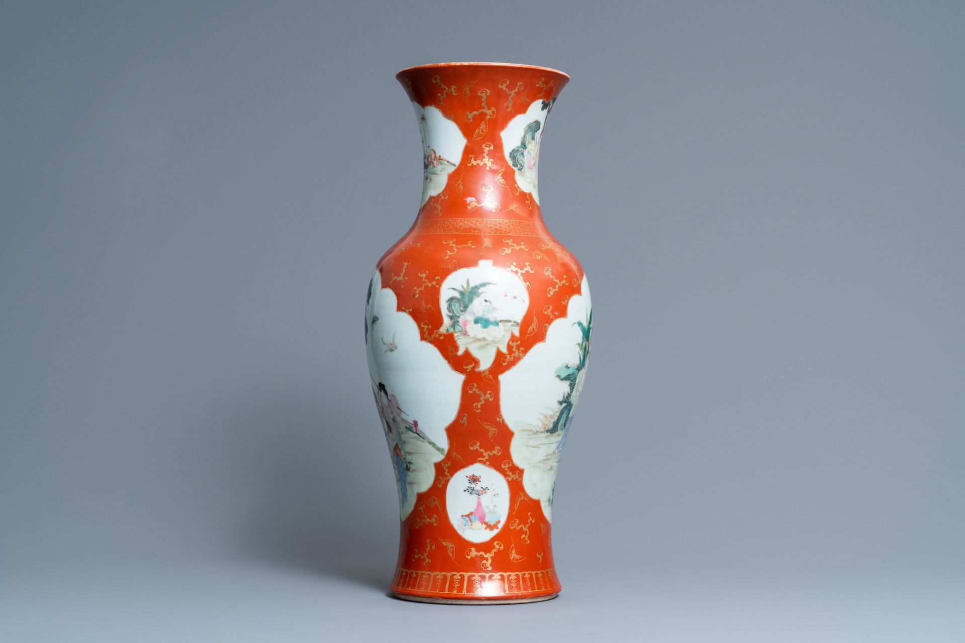 A Chinese famille rose coral red-ground vase, Qianlong mark, Republic - Image 2 of 6