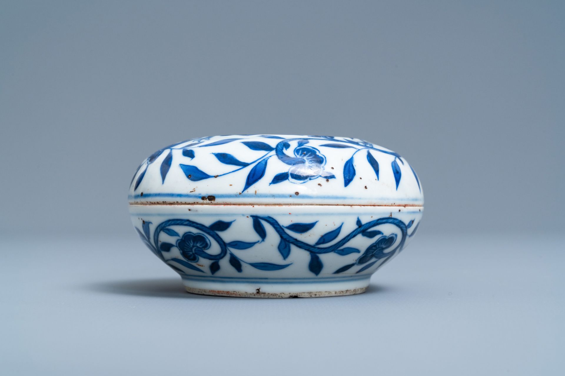 A pair of Chinese blue and white three-tier stacking boxes, a seal paste box and four saucers, 19th - Image 2 of 28