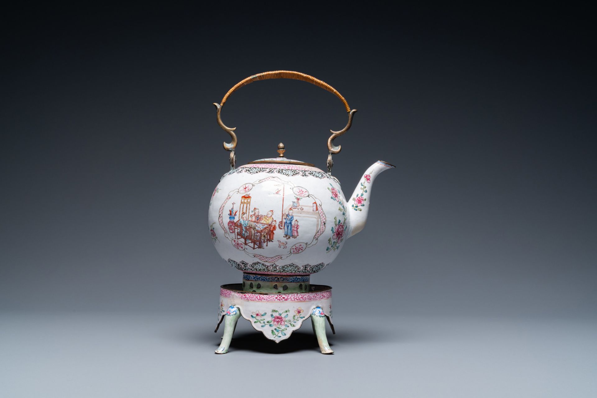 A Chinese Canton enamel teapot on warming stand, Qianlong - Image 4 of 7