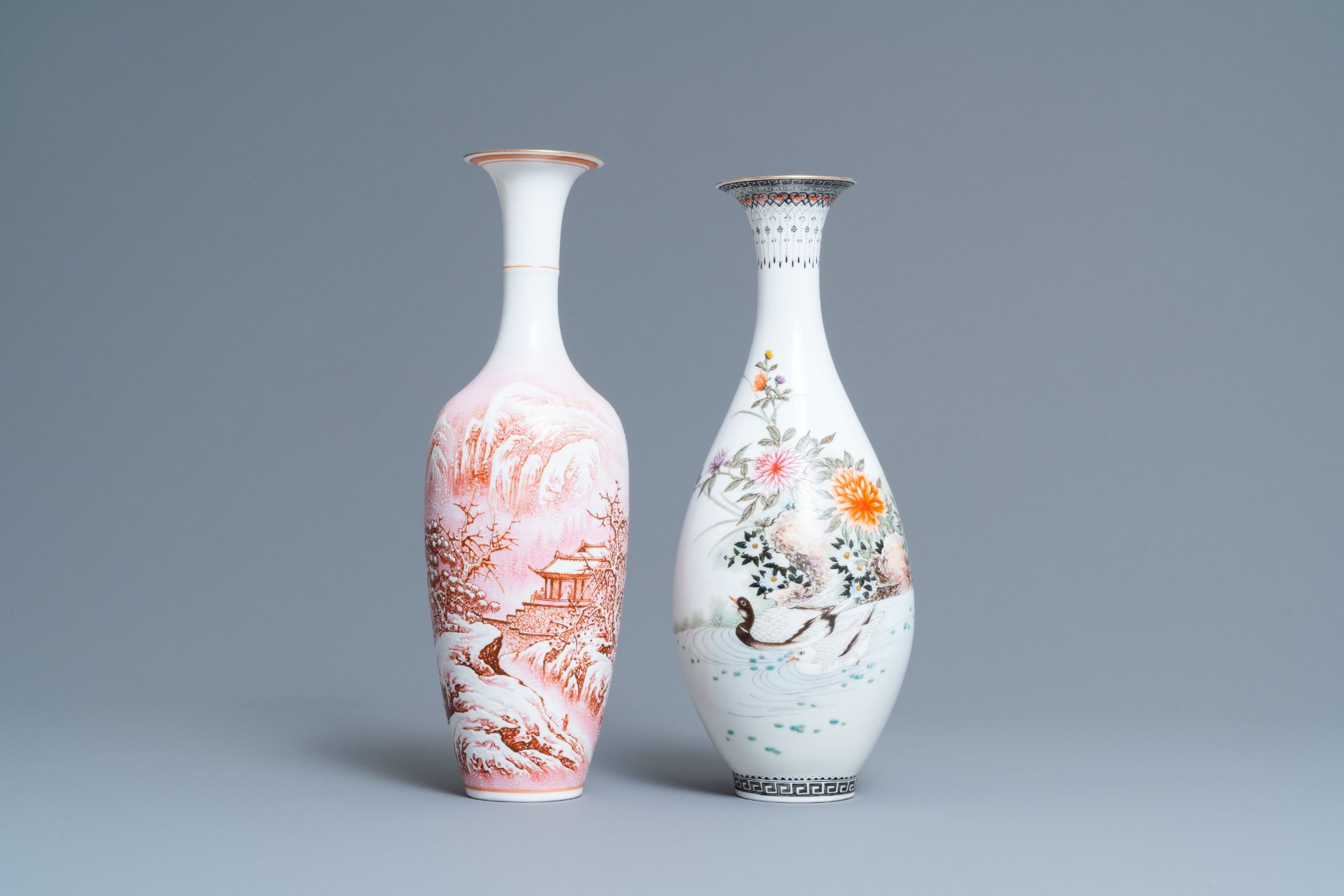 Two Chinese eggshell porcelain vases, seal marks, 20th C.