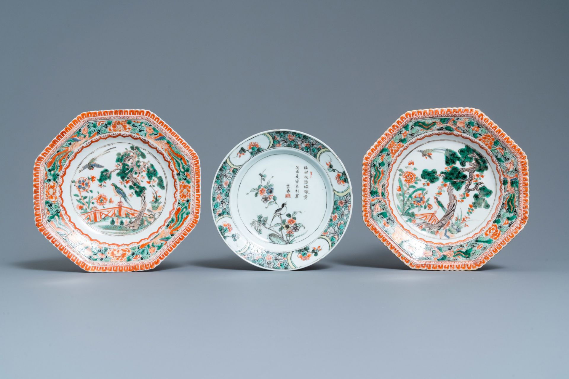 Two Chinese octagonal famille verte dishes and a 'poem' plate, Kangxi - Image 2 of 3